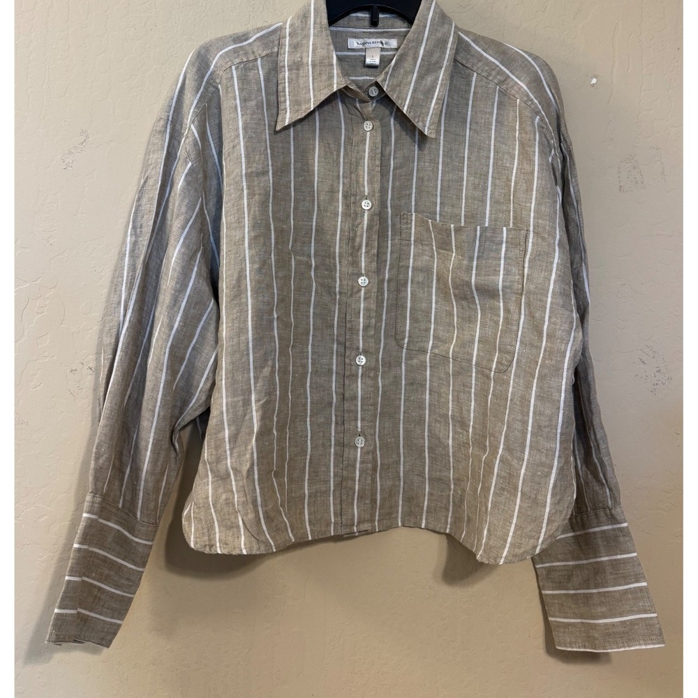 Banana Republic Linen Shirt Women L Tan White Striped Relaxed Button Boxy Crop